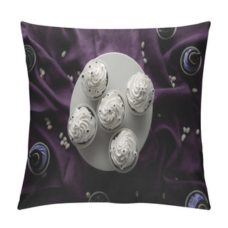 Personality  Top View Of Delicious Halloween Cupcakes On Stand And On Purple Cloth Pillow Covers
