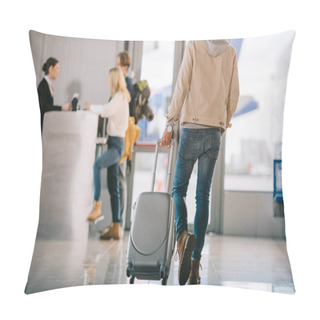 Personality  Cropped Shot Of Man With Suitcase Going To Check-in Desk In Airport Pillow Covers