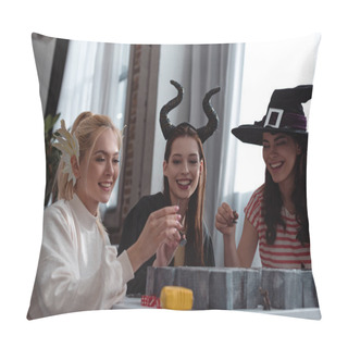 Personality  KYIV, UKRAINE - JANUARY 27, 2020: Happy Girls In Fairy Costumes Playing Labyrinth Board Game Pillow Covers