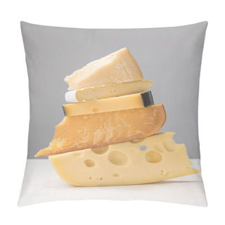 Personality  Close Up View Of Stack Of Different Types Of Cheese On Gray Pillow Covers