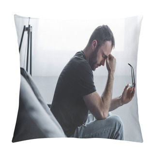Personality  Upset Man Sitting On Sofa With Closed Eyes And Holding Glasses Pillow Covers