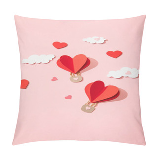 Personality  Top View Of Paper Heart Shaped Air Balloons In Clouds On Pink Pillow Covers