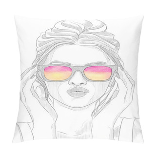 Personality  Fashion Girl WIth Glasses Sketch Illustration Pillow Covers