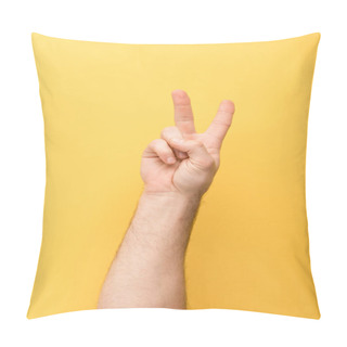 Personality  Cropped View Of Man Showing Peace Gesture On Yellow Background  Pillow Covers