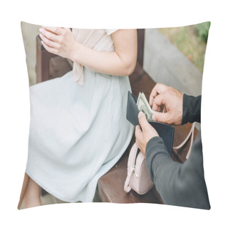 Personality  Cropped View Of Man Pickpocketing Money From Wallet Of Woman In Park   Pillow Covers