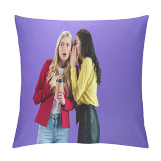Personality  Brunette Girl Wishpering Secret In Friend's Ear On Purple Background Pillow Covers