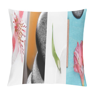 Personality  Collage Of Green Leaf, Pink Lily Flowers And Spa Stones Pillow Covers