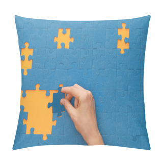 Personality  Cropped View Of Woman Putting Piece Of Blue Jigsaw Puzzle On Yellow Background Pillow Covers