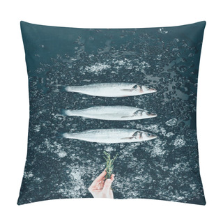 Personality  Top View Of Human Hand With Herb And Raw Fresh Sea Bass Fish With Ice On Black  Pillow Covers