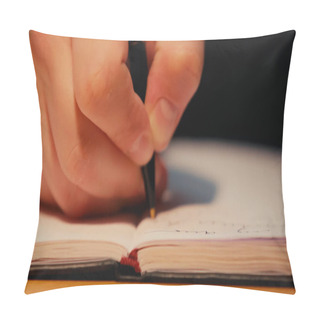 Personality  Cropped View Of Man Holding Pen While Writing In Notebook On Desk Pillow Covers