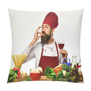 Personality  Chef Prepares Meal. Man With Beard Shows Perfect Taste Sign Pillow Covers
