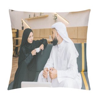 Personality  Muslim Couple Spending Time In Cafe Pillow Covers