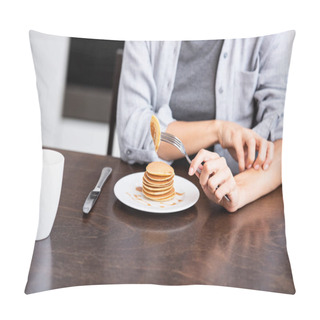 Personality  Cropped View Of Woman Scratching Hand Near Sweet Pancakes On Plate Pillow Covers