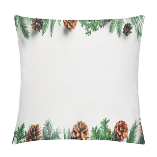 Personality  Flat Lay With Green Branches And Pine Cones Arranged On White Backdrop Pillow Covers