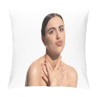 Personality  Brunette Woman With Bare Shoulders And Natural Flawless Makeup Pouting Lips Isolated On White  Pillow Covers