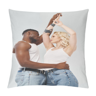 Personality  A Young Interracial Couple Dancing Gracefully Together In A Studio Against A Grey Background. Pillow Covers