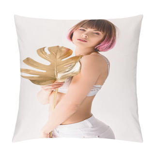 Personality  Woman Posing With Golden Leaf  Pillow Covers