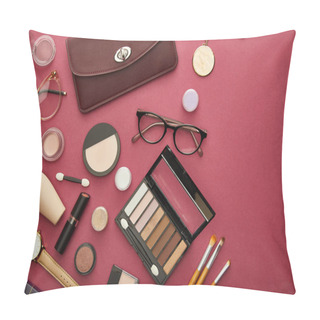 Personality  Top View Of Brown Bag Near Glasses And Lipsticks On Crimson  Pillow Covers