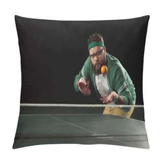 Personality  Tennis Player Throwing Up Mandarin At Tennis Table Isolated On Black Pillow Covers