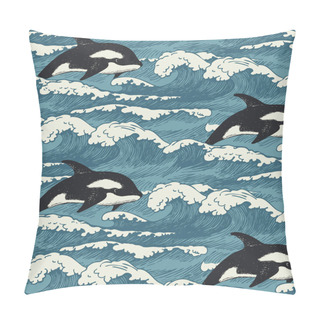 Personality  Vector Seamless Pattern With Hand-drawn Waves And Sharks In Retro Style. Decorative Repeating Sea Or Ocean Illustration, Blue Storm Waves With Sea Foam Breakers And Swimming Killer Whales Pillow Covers