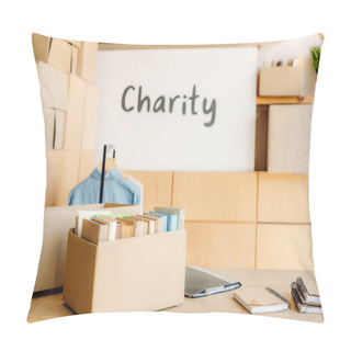 Personality  Selective Focus Of Carton Box With Books And Placard With Charity Inscription  Pillow Covers