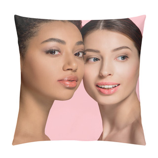 Personality  Portrait Of Positive Multicultural Girls With Perfect Skin, Isolated On Pink Pillow Covers