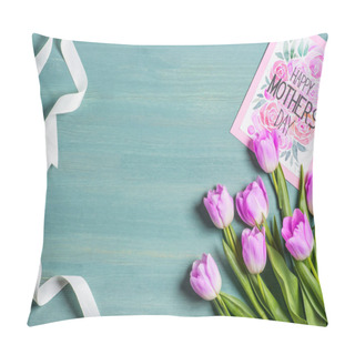 Personality  Top View Of White Ribbon, Bouquet Of Tulips And Card With Lettering Happy Mothers Day On Blue Background  Pillow Covers