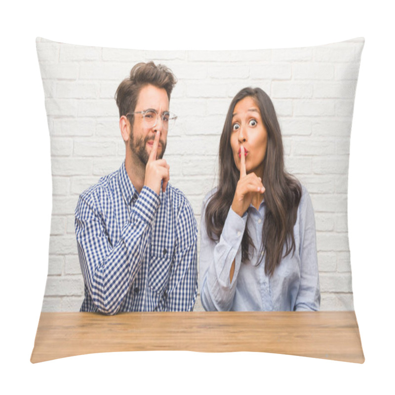 Personality  Young Indian Woman And Caucasian Man Couple Keeping A Secret Or Asking For Silence, Serious Face, Obedience Concept Pillow Covers