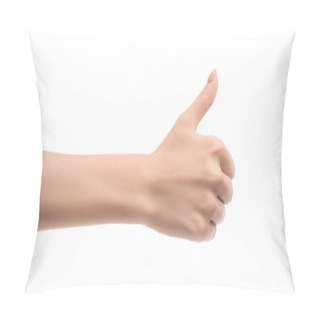 Personality  Partial View Of Woman Showing Thumb Up Sign Isolated On White Pillow Covers