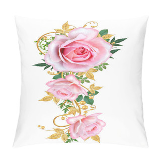 Personality  Decorative Ornament, Paisley Element, Delicate Textured Leaves Made Of Fine Lace And Pearls. Jeweled Shiny Curls, Pink Roses. Openwork Weaving Delicate. Pillow Covers