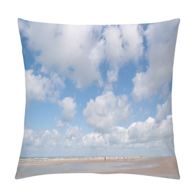Personality  Clear blue sky and white dynamic clouds over the sea, view of the horizon, the bay of the sandy beach, residential buildings are visible in the distance, High quality photo  pillow covers