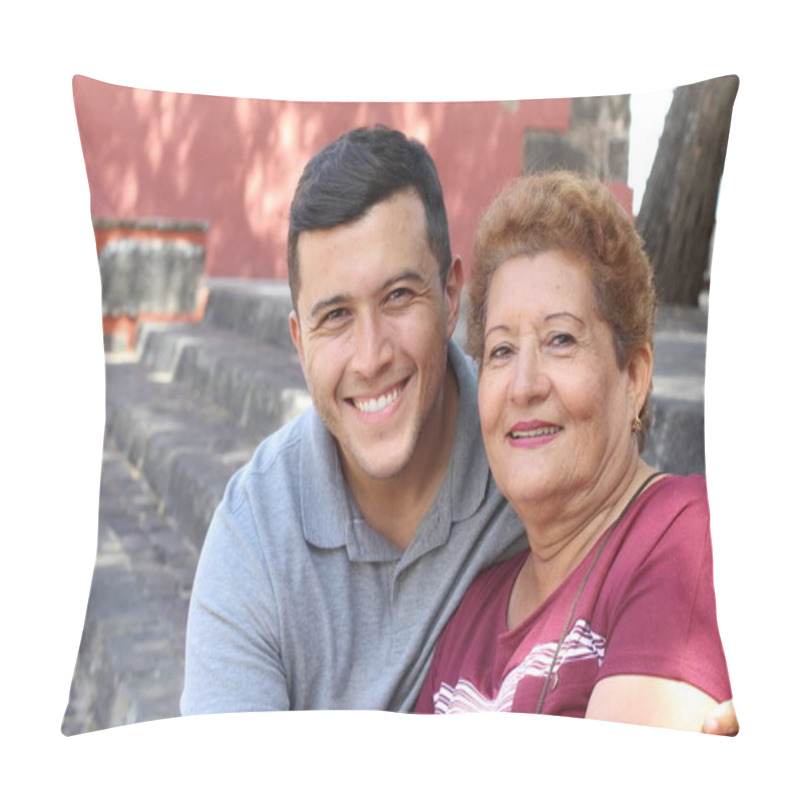 Personality  Hispanic senior woman with her son pillow covers