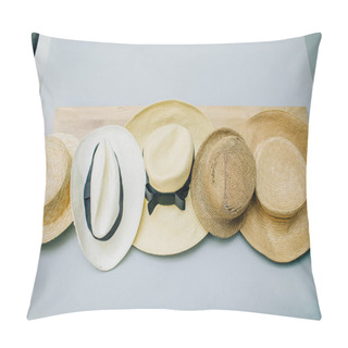 Personality  Straw Hats Collection On Pastel Blue Background. Pillow Covers