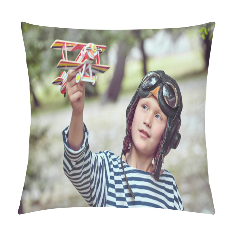 Personality  Happy child dreams of becoming a pilot. pillow covers