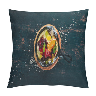 Personality  Panacotta With Fruit And Jam. Dessert. On A Wooden Table. Top View. Copy Space. Pillow Covers