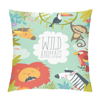 Personality  Happy Jungle Animals Creating A Framed Background Pillow Covers