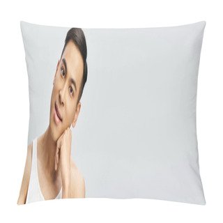 Personality  Handsome Asian Man Striking A Pose In A Grey Studio Setting While Wearing A Tank Top. Pillow Covers
