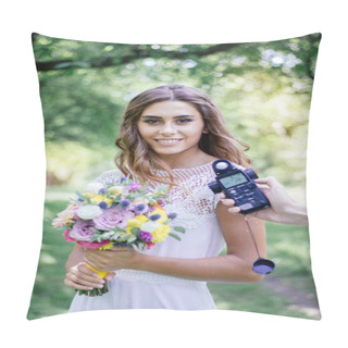 Personality  Photographer Measuring Light With Light Meter On Beautiful Girl. Pillow Covers