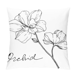 Personality  Vector Monochrome Orchids With Orchid Lettering Isolated On White. Engraved Ink Art. Pillow Covers