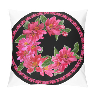 Personality  Painting. Red Bird Of Paradise Blooming Apple Tree In The Circle Pillow Covers