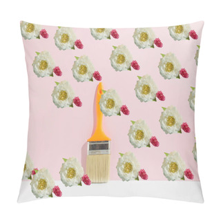 Personality  An Upright Orange Painting Brush With Flowers Against A Pink And White Background. Copy Space. Minimal Concept. Surreal Creative Pattern. Wallpaper Design.  Pillow Covers