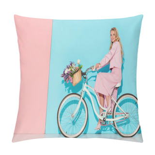 Personality  Smiling Woman In Pink Clothing Riding Bicycle With Flower Basket On Pink And Blue Background Pillow Covers