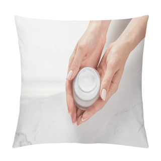 Personality  Cropped View Of Woman Holding Jar With Cream On White Surface Pillow Covers