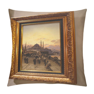 Personality  Journey Through Time With Our Vertical Canvas, An Exquisite Oil Painting Of Old Istanbul. The Golden Frame Accentuates The Nostalgic Allure Pillow Covers