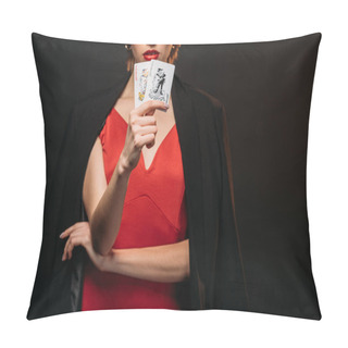 Personality  Cropped Image Of Girl In Red Dress And Black Jacket Holding Poker Cards Isolated On Black Pillow Covers