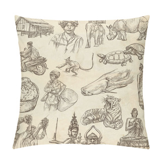 Personality  Laos. Pictures Of Life. Freehands On Paper. Pillow Covers