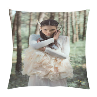 Personality  Adult Woman In White Swan Costume Standing On Forest Background, Holding Hands Near Face Pillow Covers