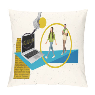 Personality  Collage Artwork Of Two Workers Future Startup Owners Hold Phone Magnifying Glass Zoom Find Laptop International Clients Isolated On Drawn Background. Pillow Covers