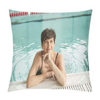 Personality  Cheerful Middle Aged Woman With Short Hair, Poolside, Look At Camera, Indoor Spa Center, Swim Pillow Covers