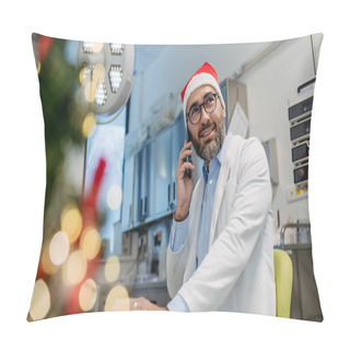 Personality  Portrait Of Doctor Phone Calling In Emergency Room, Consulting Room Decorated For Christmas. Mature Doctor With Santa Hat Working A Christmas Shift In The Hospital, Cant Be With His Family During Pillow Covers